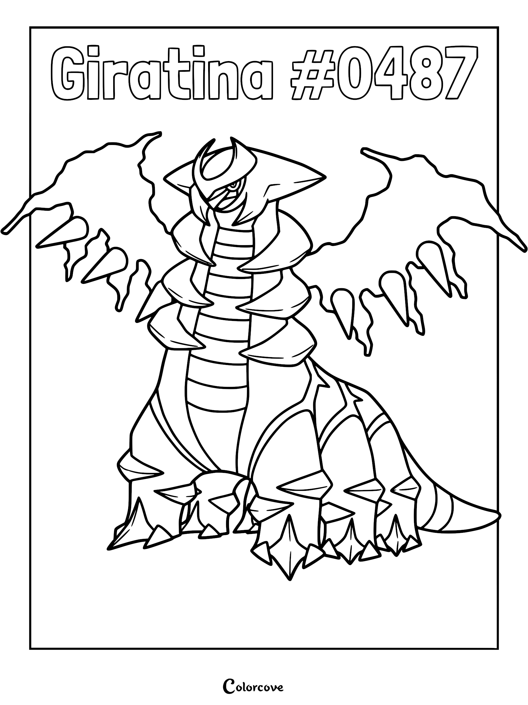 Giratina in its Altered Forme with large wings and spiked legs on a printable coloring page