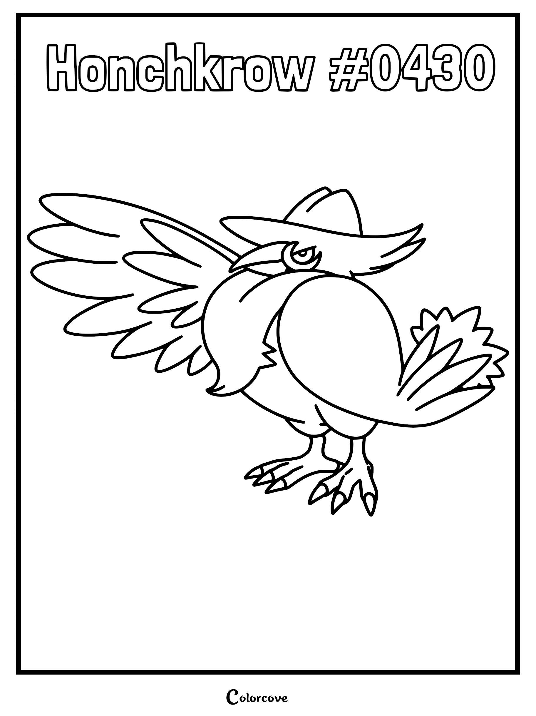 Honchkrow #0430 wearing a fedora hat with one wing extended in a printable coloring page format.