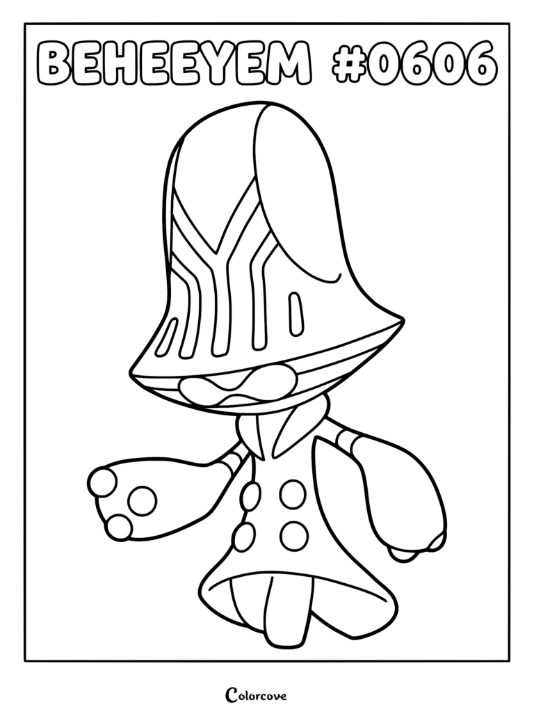 A black and white line art coloring page featuring the Unova Pokemon Beheeyem with its large head and three-fingered hands.