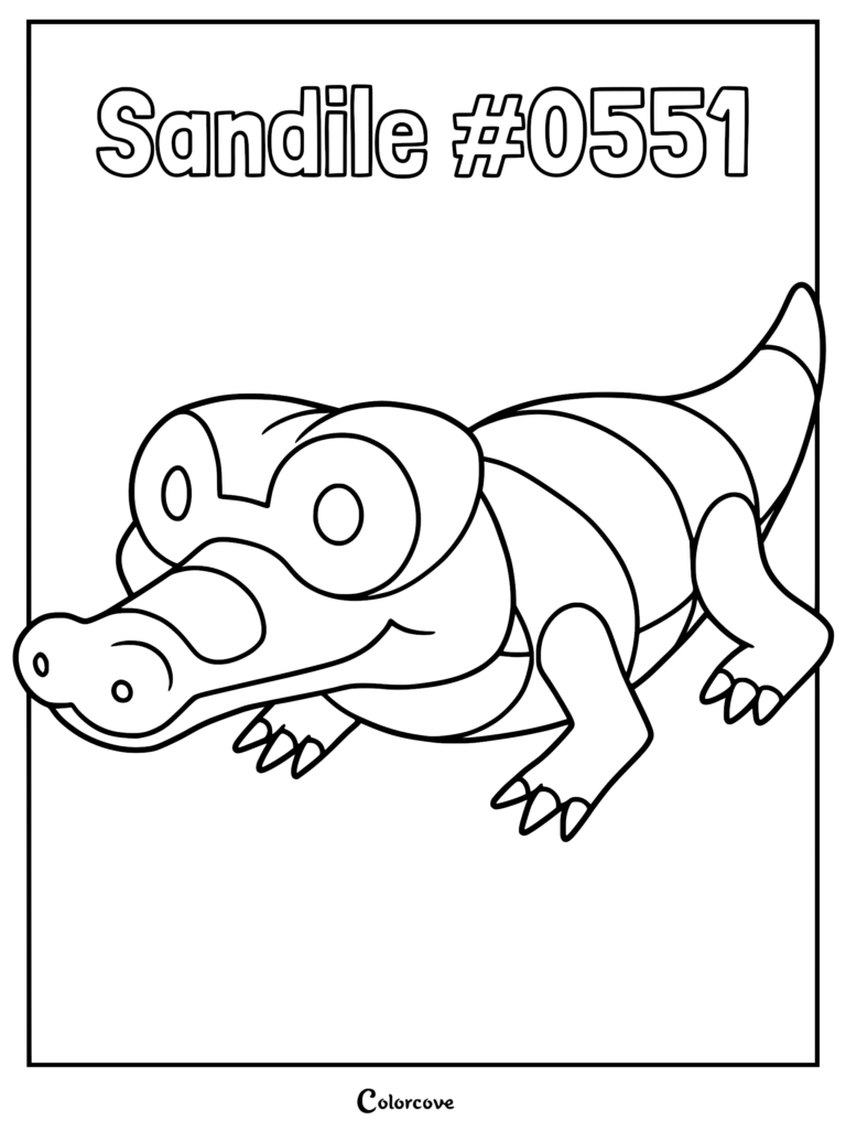 A printable coloring page featuring the Unova Pokemon Sandile with its signature black mask-like markings and long snout.