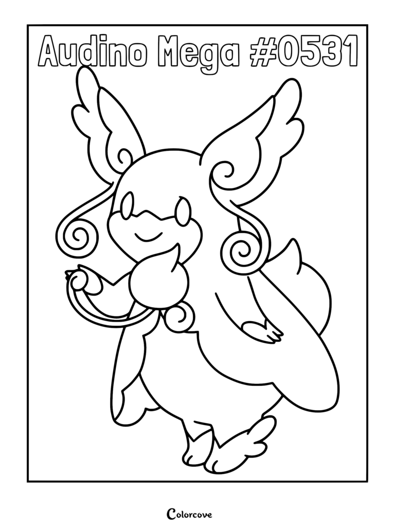 Mega Audino with large wing-like ears and curled feelers in a printable coloring page format.