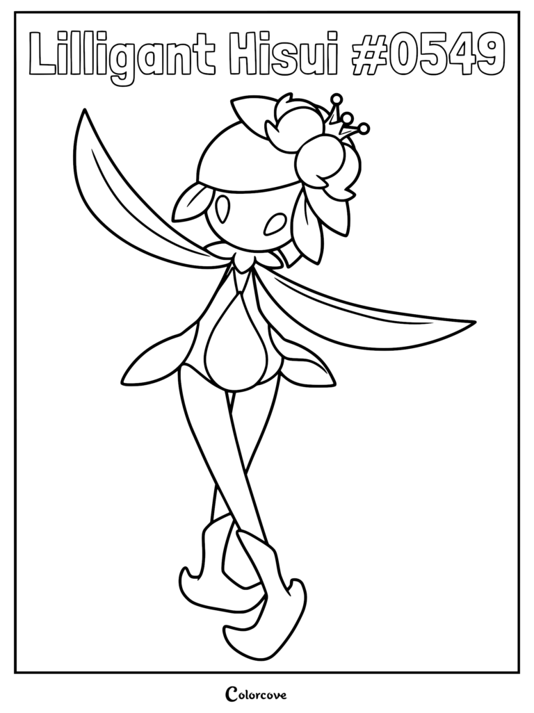Hisuian Lilligant standing in a graceful pose with long legs and a flower crown, featured on a printable coloring page.