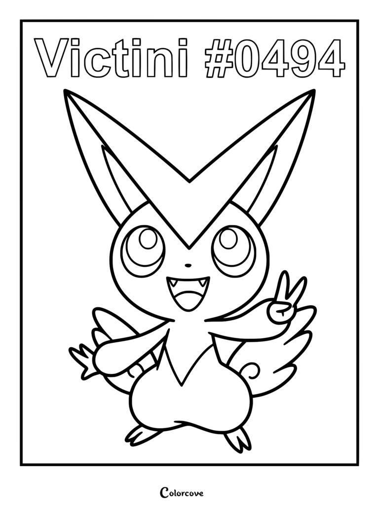 Victini #0494 line art coloring page featuring the small rabbit-like Pokemon making a peace sign gesture.