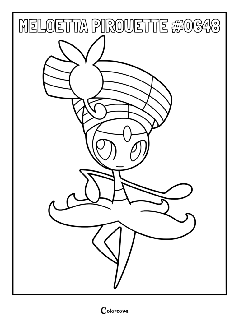 Meloetta Pirouette Form in a graceful dance pose, featuring its signature musical note hair accessory on a printable coloring page.