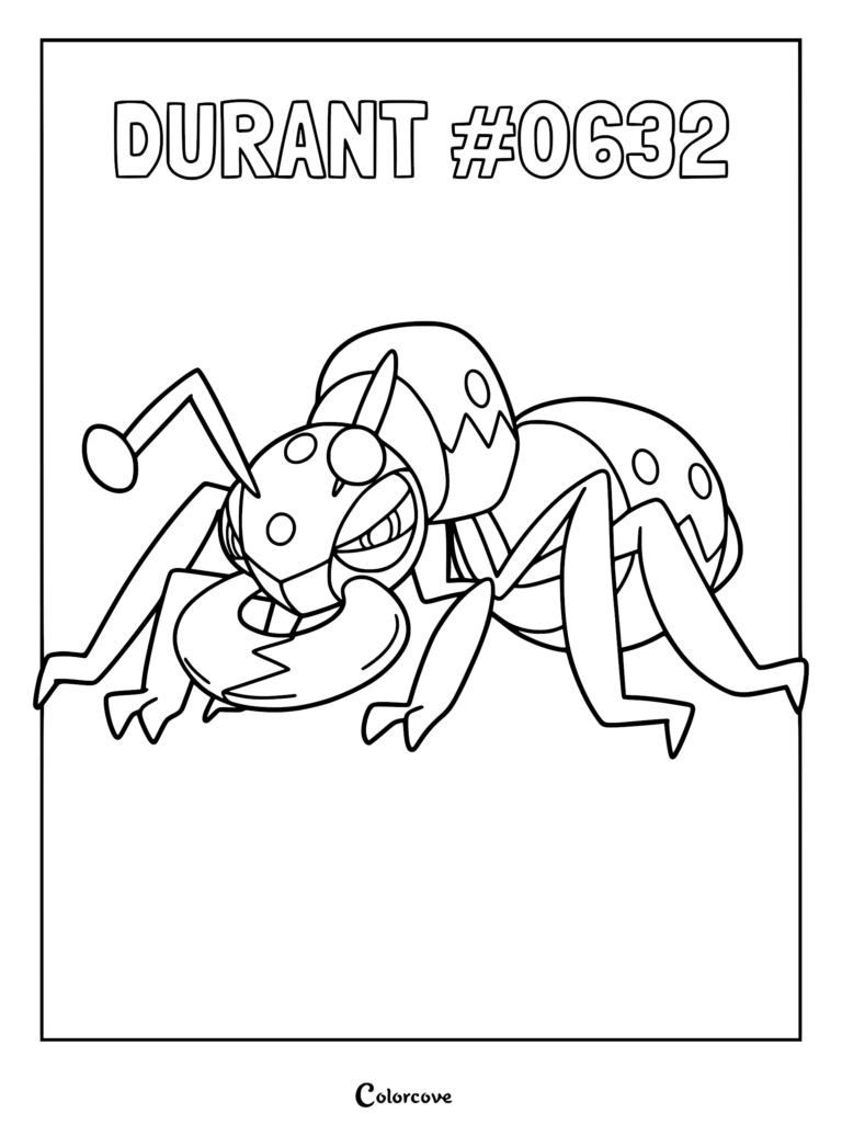 A black and white line art coloring page featuring the ant-like Pokemon Durant with its signature large mandibles and segmented body.