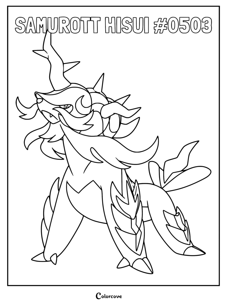 Hisuian Samurott standing in a proud pose, detailed line art coloring page featuring the sharp horn and armored shell design.
