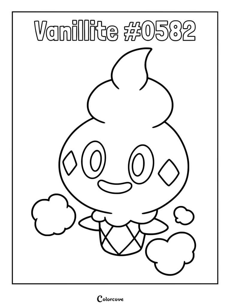 A printable coloring page featuring the Unova Pokemon Vanillite with its signature ice cream cone body and swirling head.