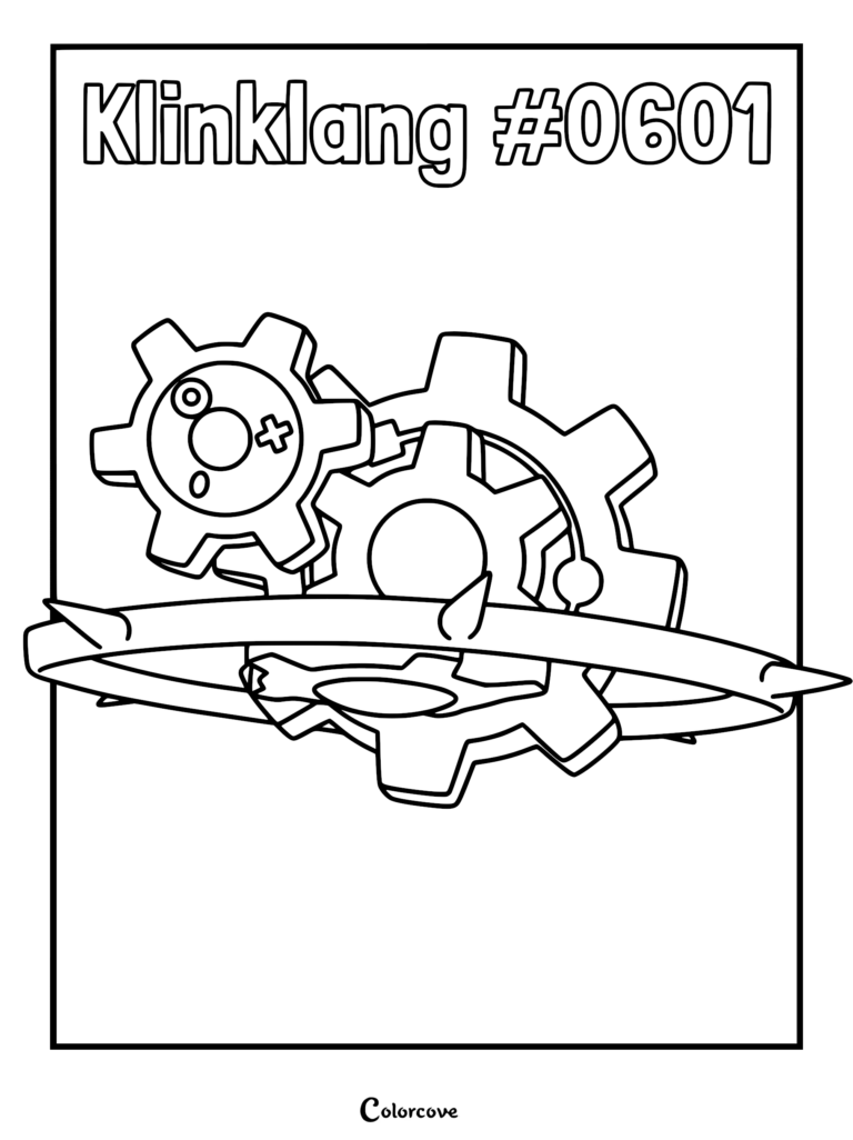 Klinklang Pokemon coloring page featuring the gear-based creature with its signature spiked ring and central gear mechanism.