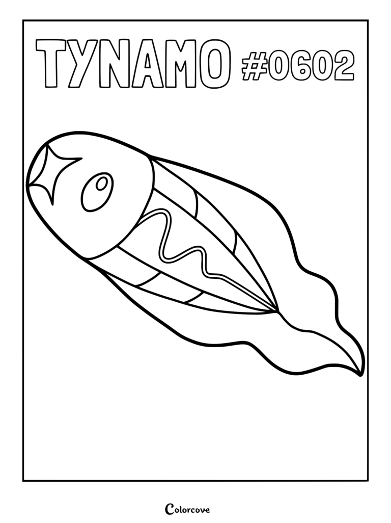 A simple black and white line art coloring page of the Unova Pokemon Tynamo, featuring its eel-like body and wavy side pattern.