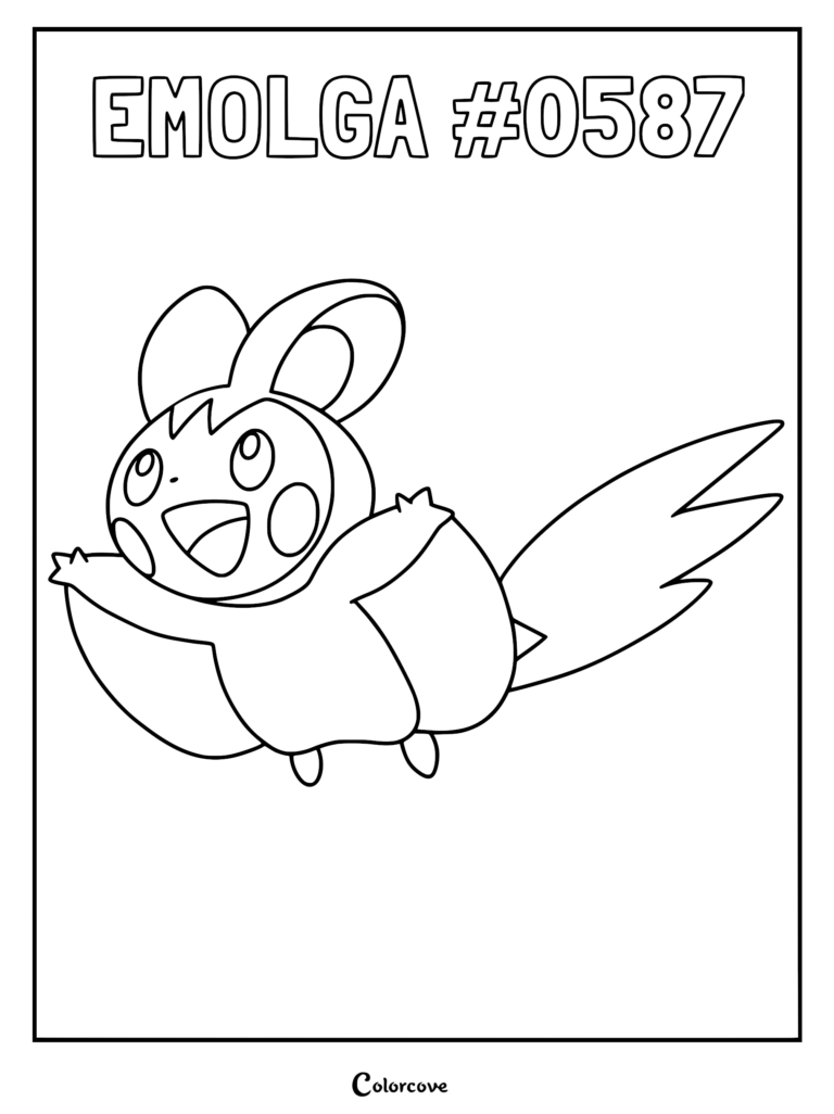 A line art coloring page of Emolga with its wings spread wide and a happy expression.