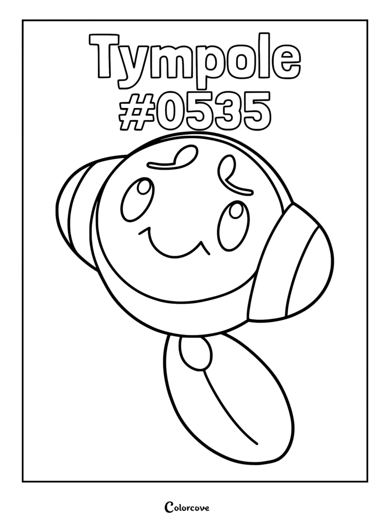 A printable coloring page featuring the Unova Pokemon Tympole with its signature round head and ear-like appendages.