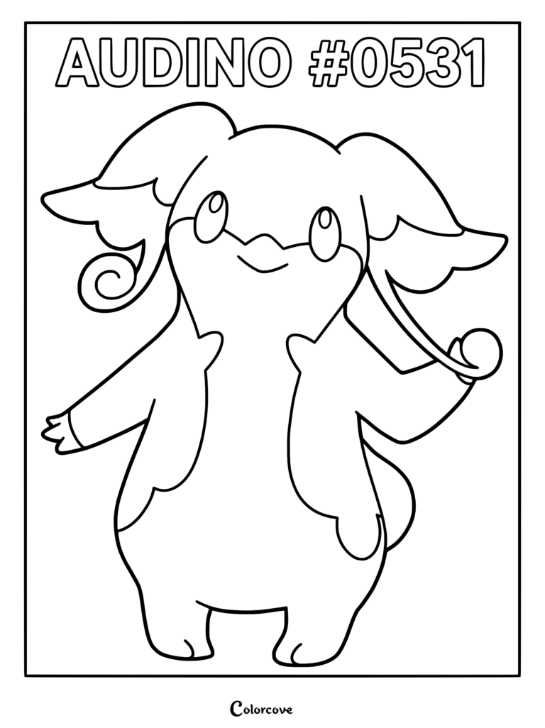 Audino #0531 standing with large ears and curled feelers in a printable coloring page format.