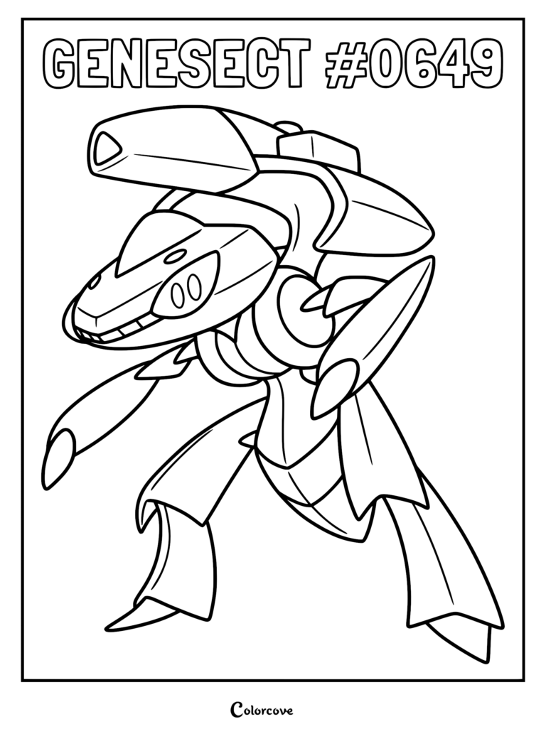Genesect standing in a dynamic pose with its large cannon mounted on its back, featured in a clean line art coloring page.
