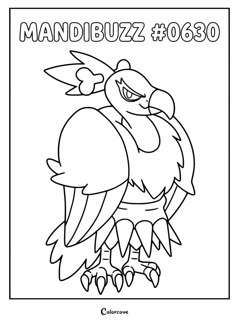 Mandibuzz Pokemon coloring page featuring the vulture-like creature with a bone accessory in its hair and spiked skirt.