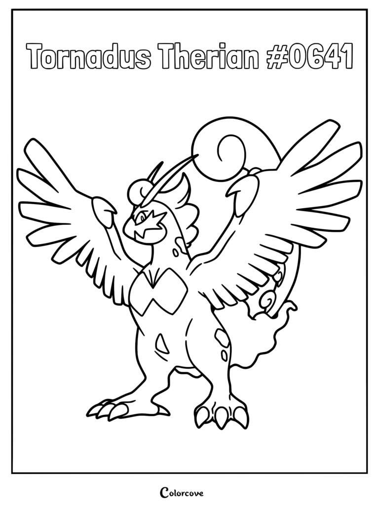 Tornadus Therian Forme in a dynamic flying pose, detailed line art coloring page.