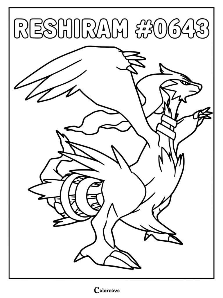 Reshiram standing with wings spread in a detailed line art coloring page.