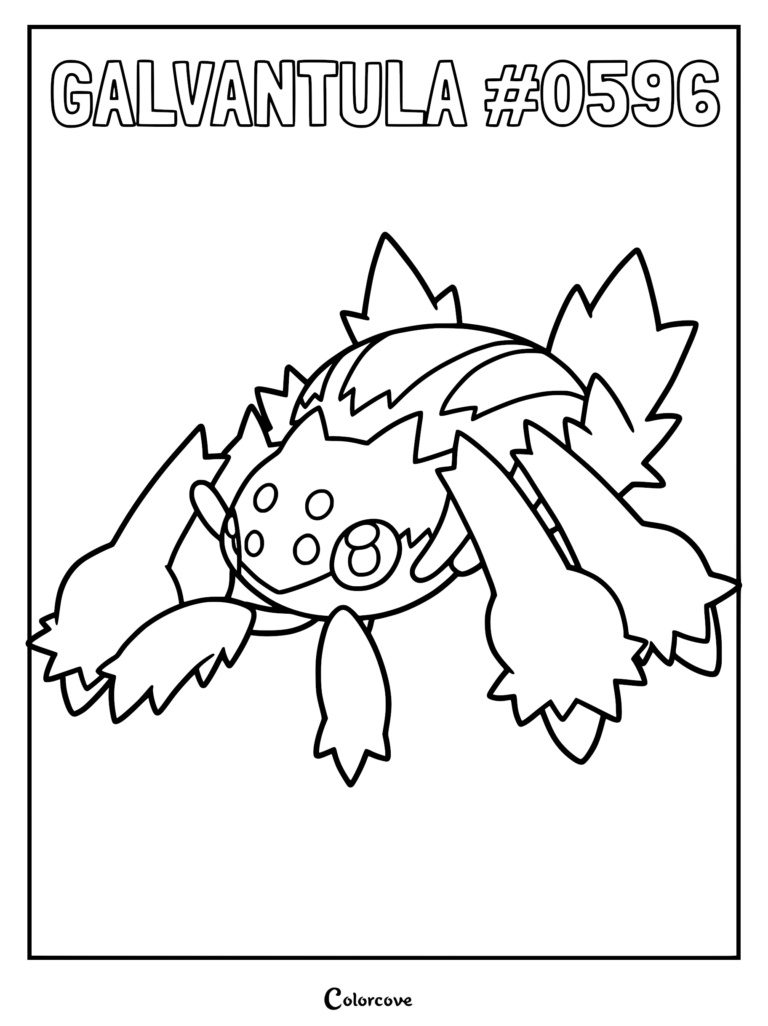 A detailed line art coloring page of the spider-like Pokemon Galvantula with its multiple eyes and jagged legs.