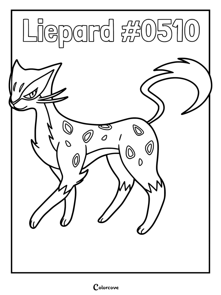 Liepard standing in profile with its signature spotted pattern and long curved tail in this printable coloring page.