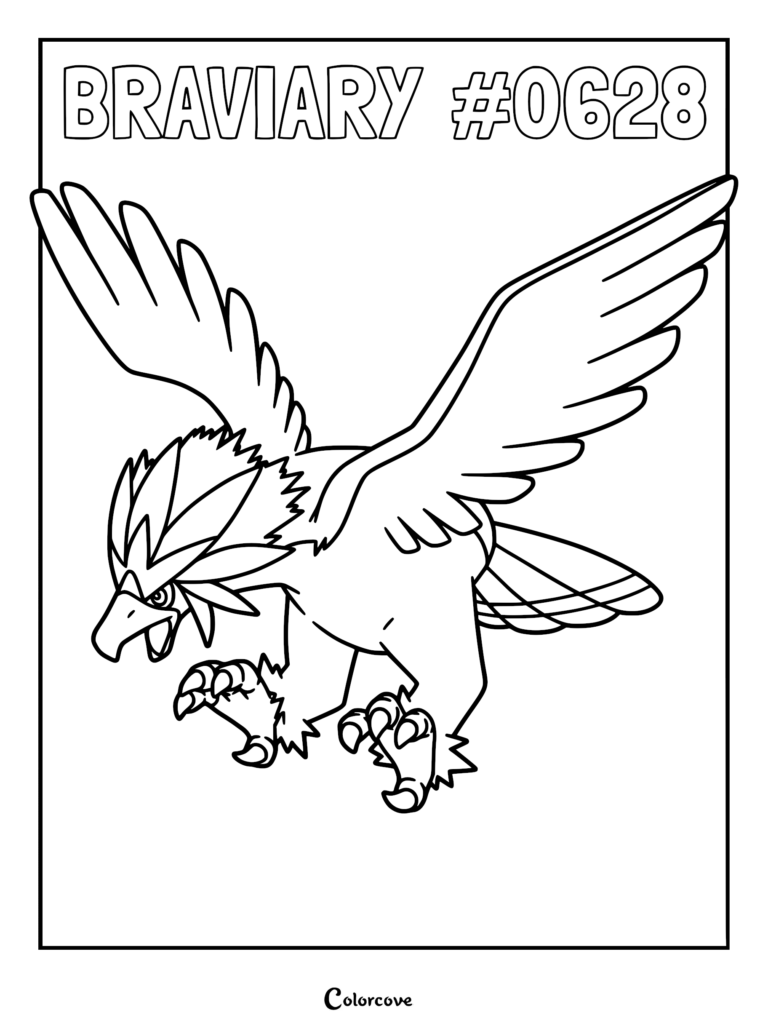 Braviary Pokemon #0628 soaring with wings spread wide in a printable coloring page.