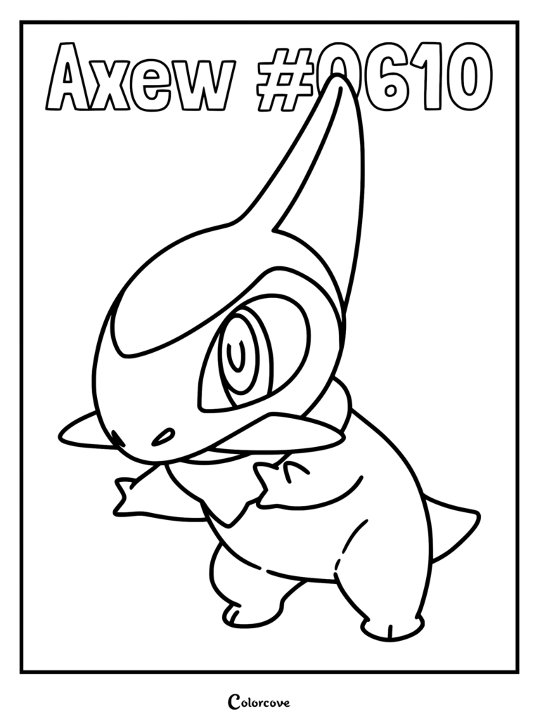 Axew #610 Pokemon coloring page featuring the small dragon-type creature with its signature tusk and head blade.