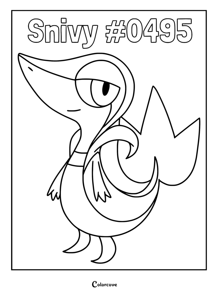A printable coloring page featuring Snivy, the Grass-type Pokemon from Unova, standing in a confident pose with its leaf-shaped tail visible.