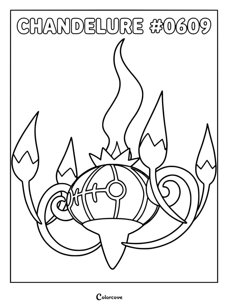Chandelure Pokemon #0609 line art coloring page featuring the ghost-type chandelier creature with its signature flame arms.
