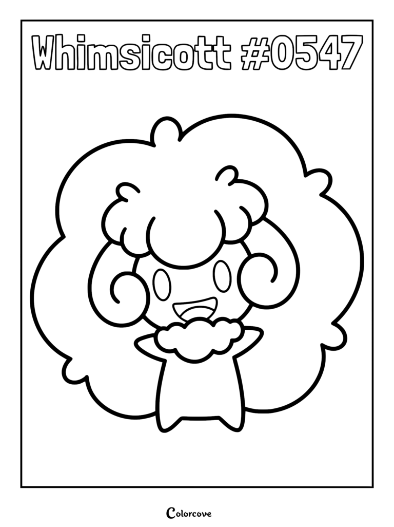 A printable coloring page featuring the Unova Pokemon Whimsicott with its signature fluffy cotton-like hair and smiling expression.