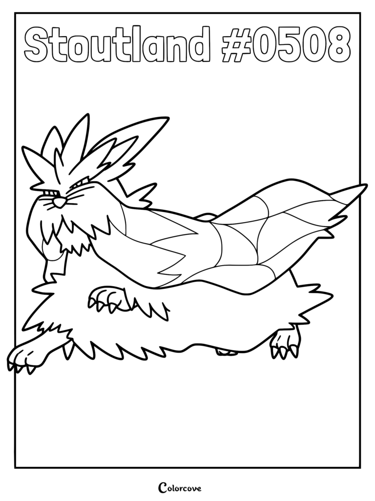 Stoutland Pokemon coloring page featuring the Unova region creature with its signature long mustache and thick fur coat in a dynamic pose.