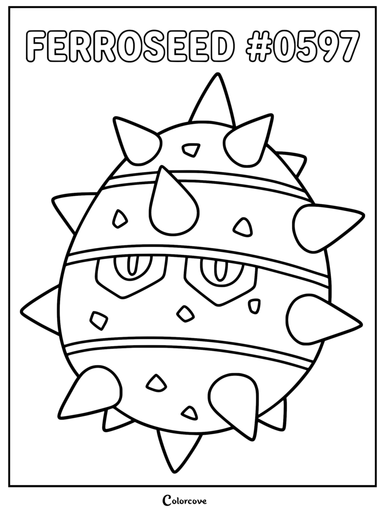 A printable Ferroseed coloring page featuring the spiky, round Unova Pokemon with its distinct metallic bands and sharp thorns.