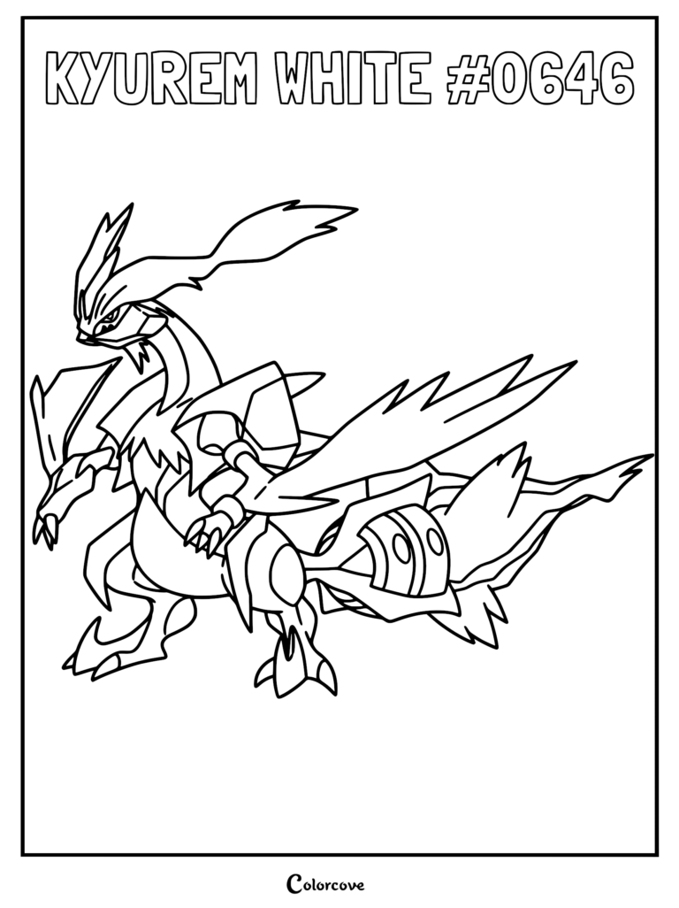 Line art of the legendary Pokemon Kyurem White with icy wings and sharp claws in a printable coloring page format.