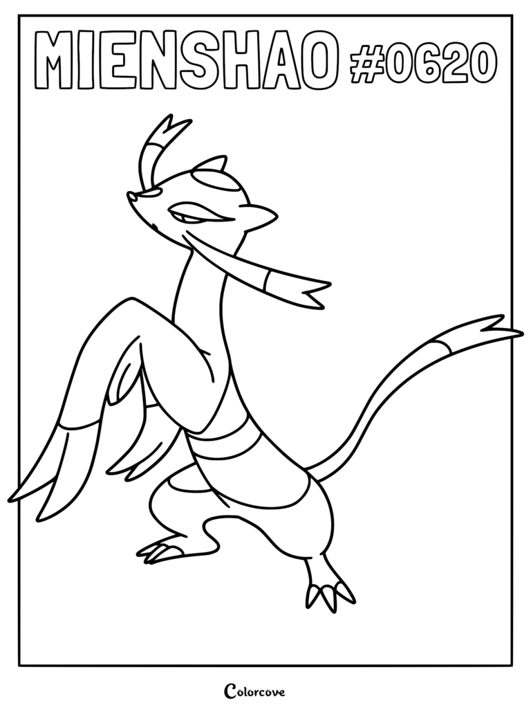 A black and white line art coloring page of the Unova Pokemon Mienshao standing in a dynamic martial arts pose with long arm fur.