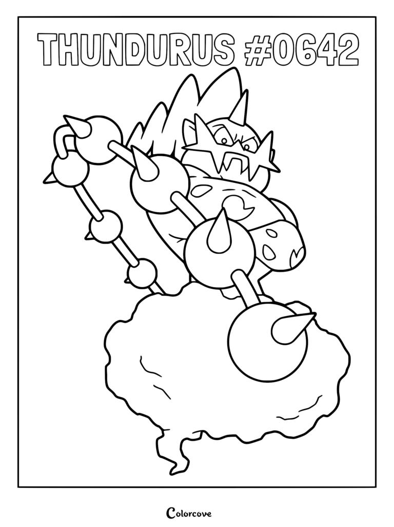 Thundurus Pokemon coloring page featuring the legendary electric genie floating on a cloud with his spiked tail.