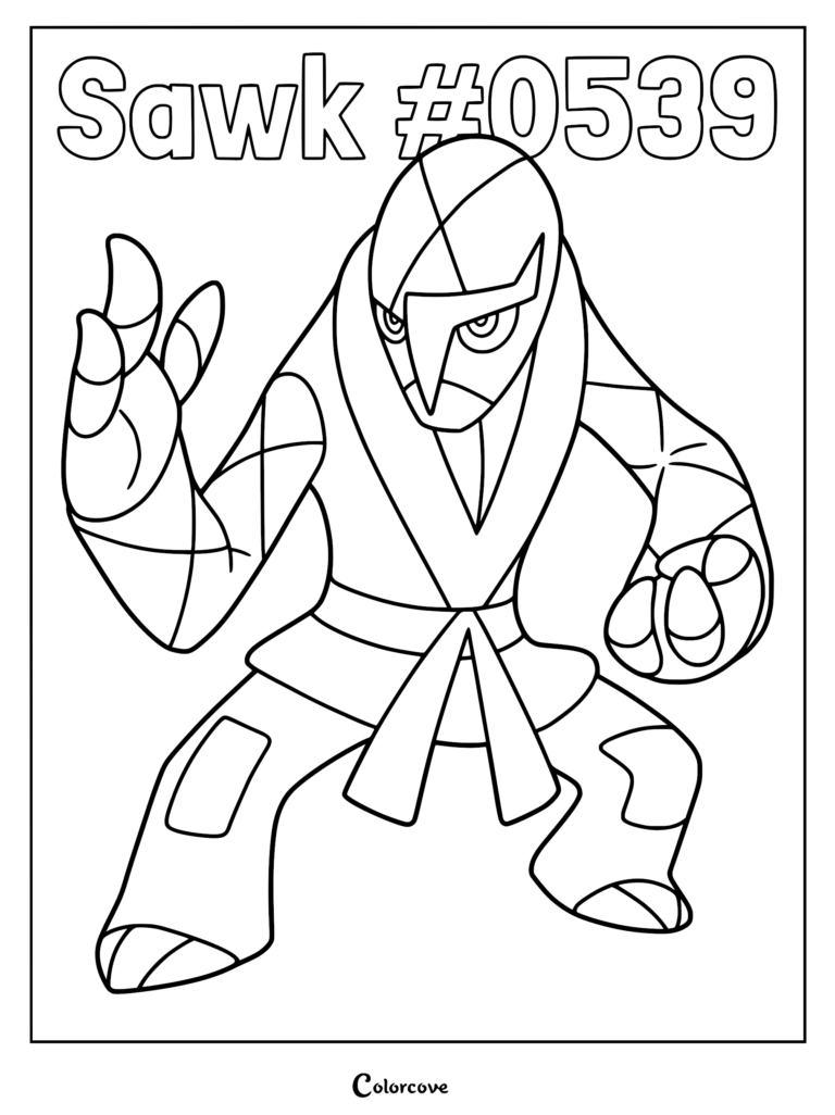 Sawk in a martial arts stance, detailed line art coloring page of the Unova Fighting-type Pokemon.