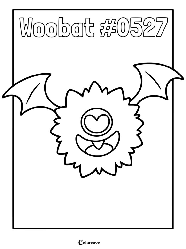 A printable coloring page featuring the Unova Pokemon Woobat with its signature heart-shaped nose and fluffy fur.