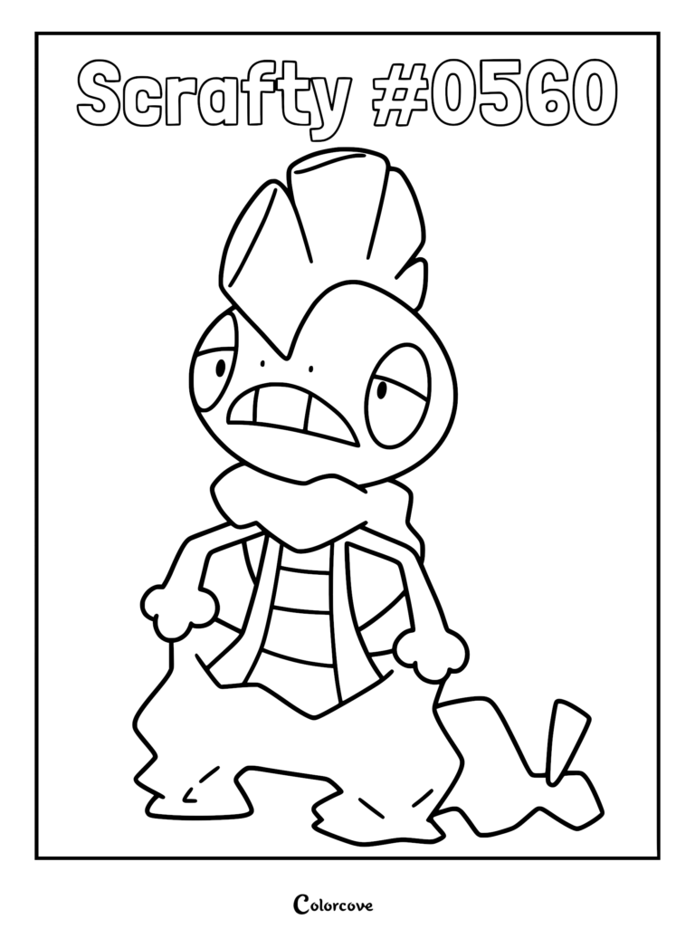 A printable coloring page featuring the Unova Pokemon Scrafty with its signature mohawk and baggy skin pants.