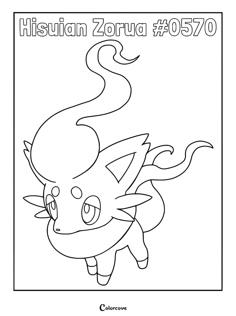 A printable coloring page featuring Hisuian Zorua with its signature wispy, flame-like hair and pointed ears.