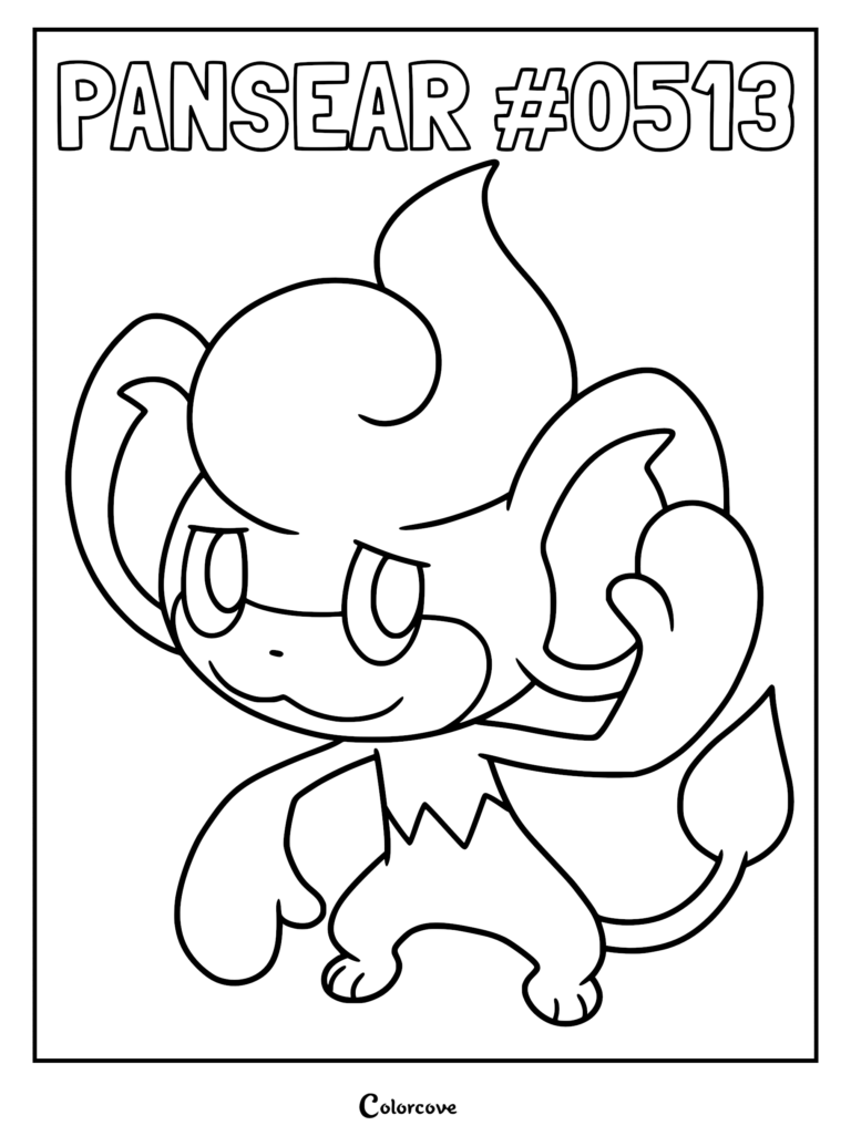 Pansear #0513 line art coloring page featuring the monkey-like Fire-type Pokemon with its signature flame-shaped tuft of hair.