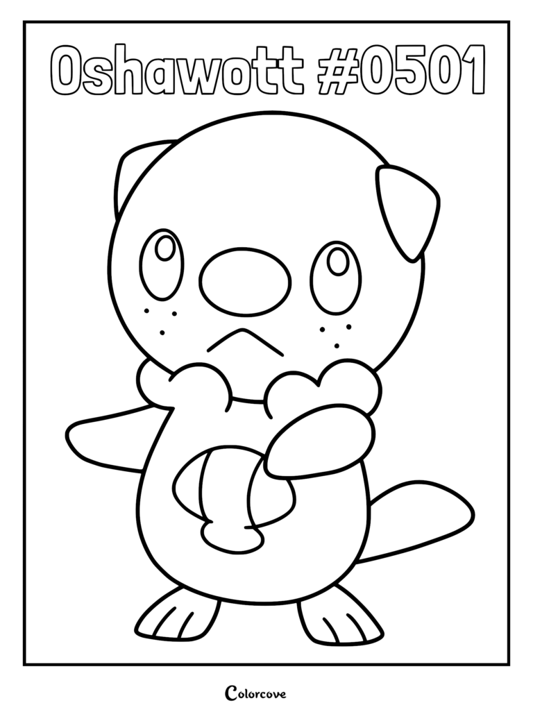 Oshawott #0501 line art coloring page featuring the Unova starter Pokemon with its signature scalchop on its chest.