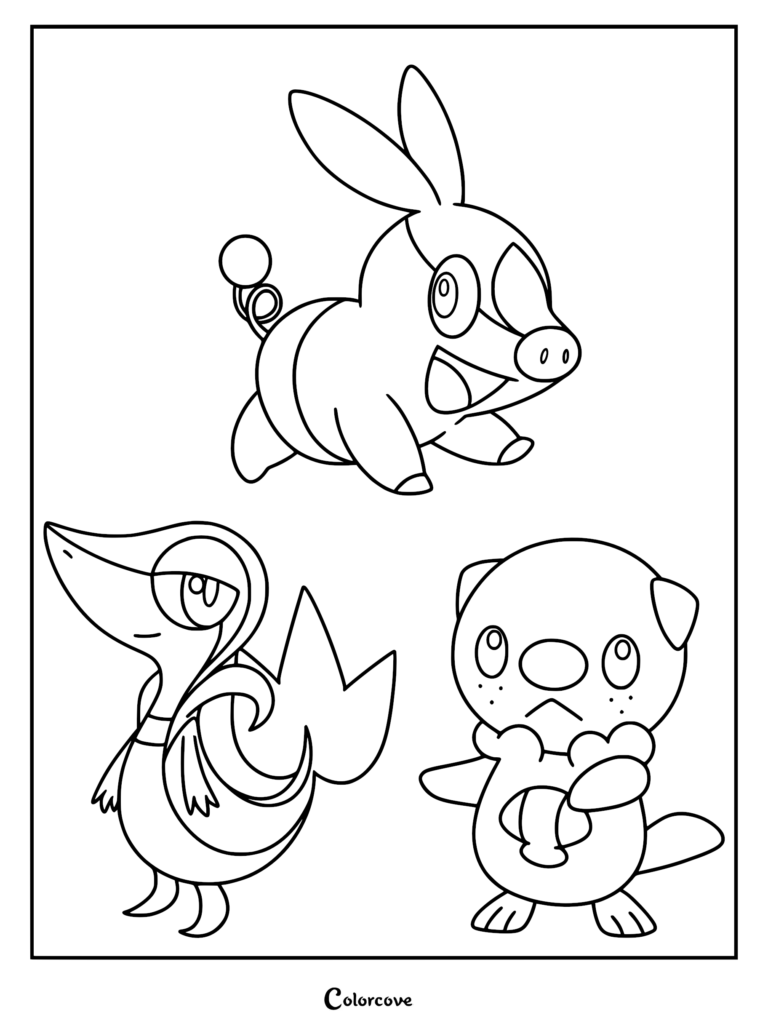 Black and white line art of Unova starter Pokemon Snivy, Tepig, and Oshawott in a coloring page layout.