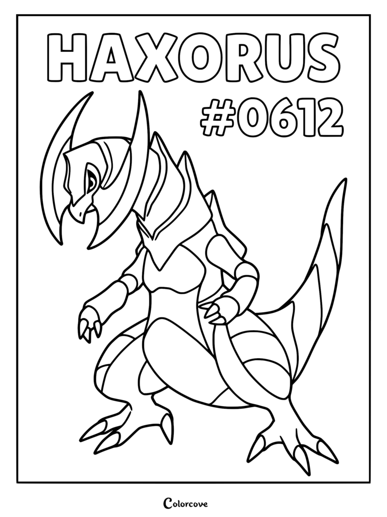 Haxorus standing in a dynamic pose on a printable coloring page with its name and Pokedex number 0612 displayed above.