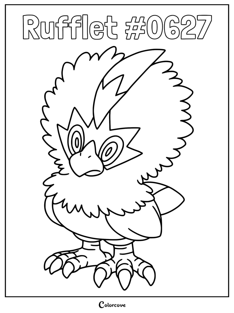 A printable coloring page featuring the Unova Pokemon Rufflet with its signature fluffy head feathers and sharp talons.