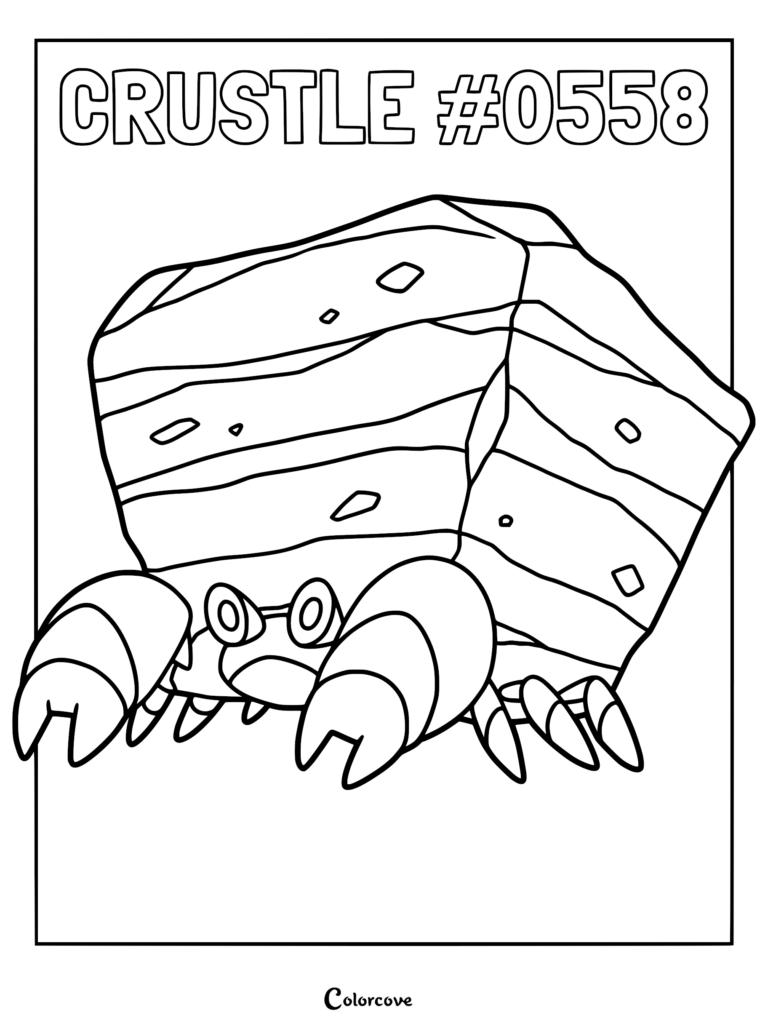 A black and white line art coloring page of the Pokemon Crustle, showing its large rock shell and crab-like claws.