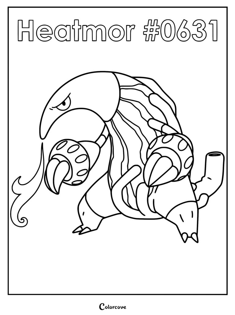 Heatmor Pokemon line art coloring page featuring the anteater-like creature with its signature tail pipe and clawed hands.