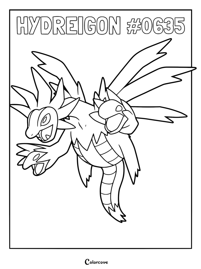 A detailed black and white coloring page featuring the three-headed dragon Pokemon Hydreigon with its wings spread wide.