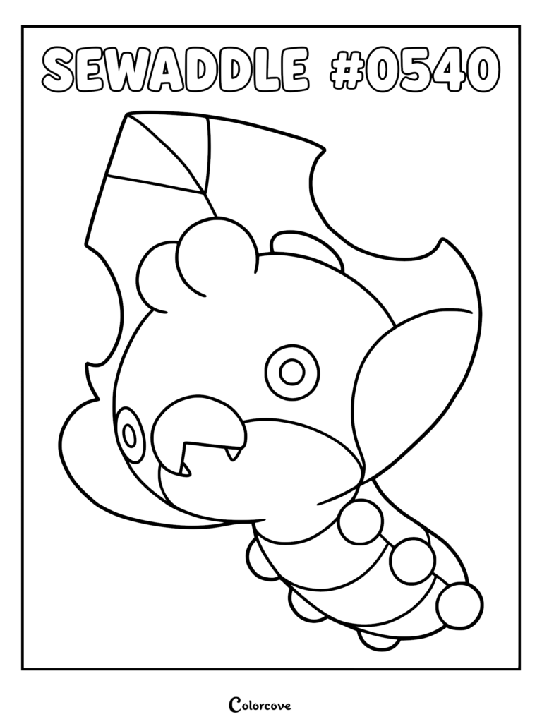 A printable coloring page featuring Sewaddle, the Unova region bug-type Pokemon, with its signature leaf hood.
