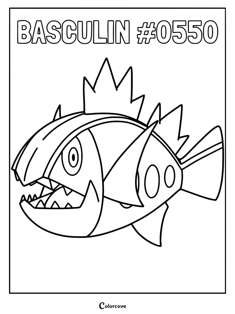 Basculin Pokemon #0550 with sharp teeth and spiky fins on a printable coloring page.