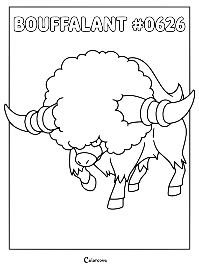 Bouffalant Pokemon with large horns and fluffy mane in a printable coloring page format.