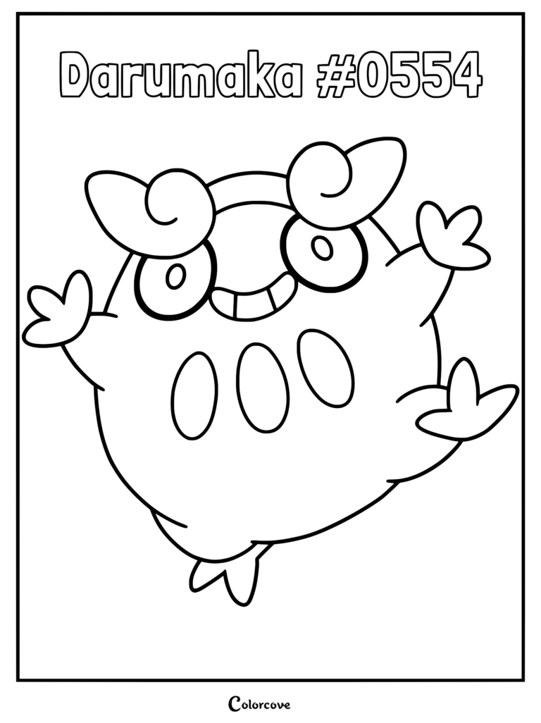 A printable coloring page featuring the round, cheerful Darumaka with its signature swirly eyebrows and three oval belly markings.