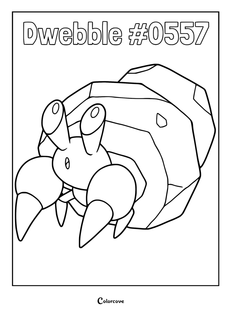Dwebble Pokemon #0557 with its rock shell, detailed line art coloring page.