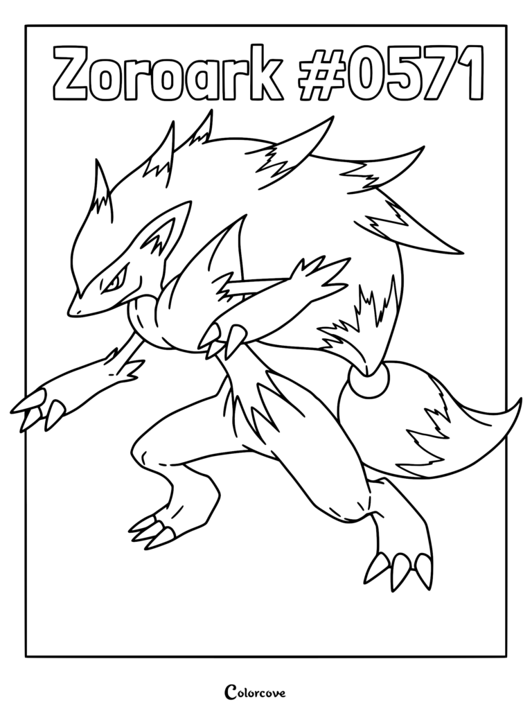 A detailed line art coloring page of the Unova Pokemon Zoroark in a dynamic battle stance with its signature spiky mane.